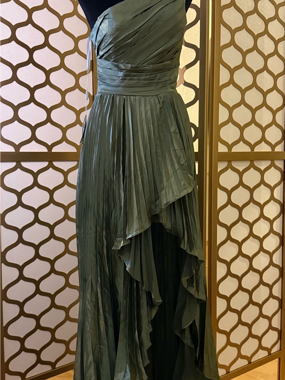 Olive Green One-Shoulder Pleated Maxi Dress